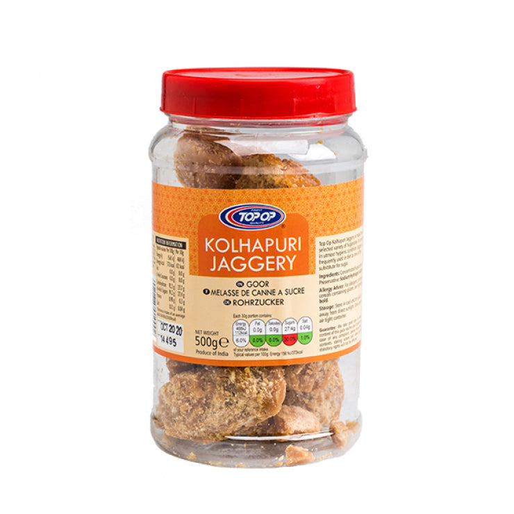Top op JAGGERY KOLHAPURI UNREFINED CANE SUGAR( Bheli ) Cubes in Jar (गुड़, कोल्हापुर)