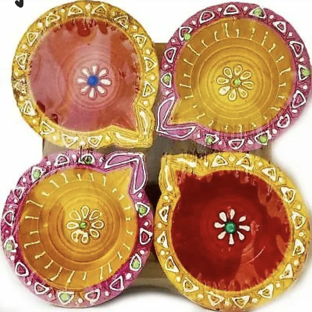 Clay Diya Decorated Diwali Coloured (no wax) Set of 4