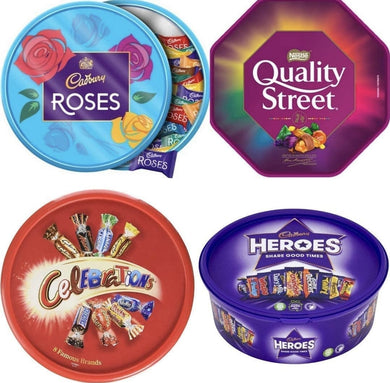 Christmas Luxury Chocolates Variety Tubs Quality Street Tin, Heroes Tub, Roses Celebrations Chocolate Tub Ideal Gifts For Lovers -
