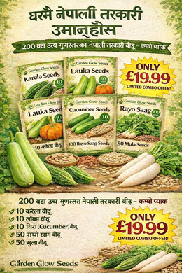 नेपाली तरकारीका बीउहरू .£19.99 /- only . 10 Varieties . Nepali Vegetables Combo Seeds . Cucumber , Karela , Lauka , Rayo Seeds , Pumkin , Ghiramla , Simi , Bhindi , Red Radish , Beans   . Nepali Seeds Package