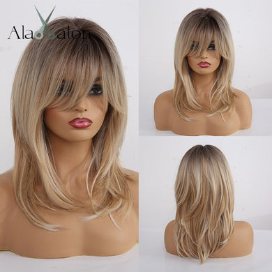 ALAN EATON Synthetic Wigs Long Straight Layered Hairstyle Ombre Black Brown Blonde Gray Ash Full Wigs with Bangs for Black Women