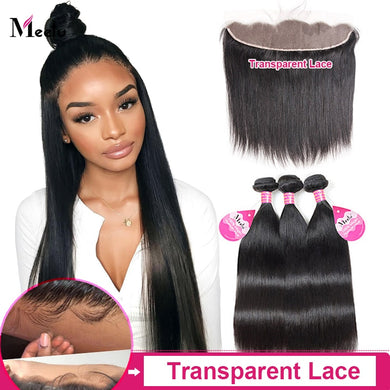 Meetu Straight Bundles With Closure Malaysian Human Hair Bundles with Frontal 13x4 Transparent Lace Frontal Non-Remy Hair