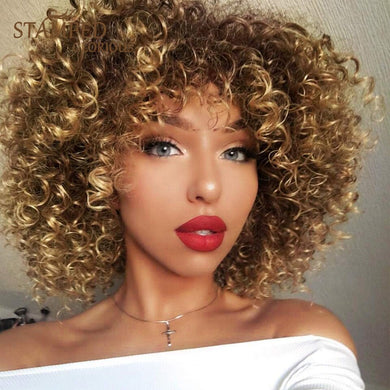 Stamped Glorious 14inches Afro Kinky Curly Wig Synthetic Short Wig With Bangs Mixed Brown and Blonde Wig for Black Women