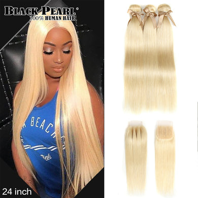 Black Pearl Honey Blonde Bundles With Closure Brazilian Remy Straight Human Hair 613 Bundles With Closure Free Shipping