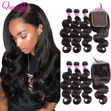 Big 6x6 Closure And Bundles Queenlike Hair Brazilian Body Wave With 6*6 Lace Closure Remy 3 Human Hair Bundles With Closure