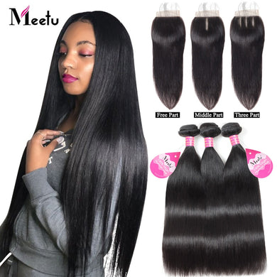 Meetu Straight Hair Bundles with Closure Malaysian Hair 3 Bundles with Closure 100% Human Hair Bundles with Closure Non Remy