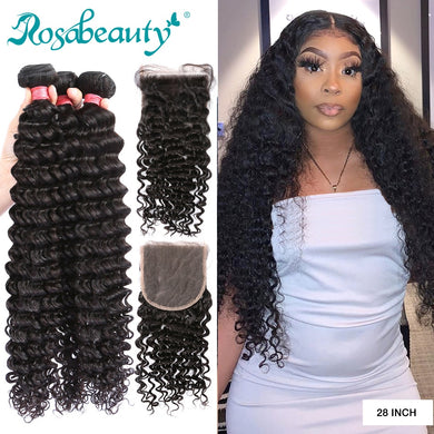 Rosabeauty 28 30 inch Deep Wave Bundles With Closure Peruvian Remy Human Hair Weaves Water Curly and 5X5 Lace Closure
