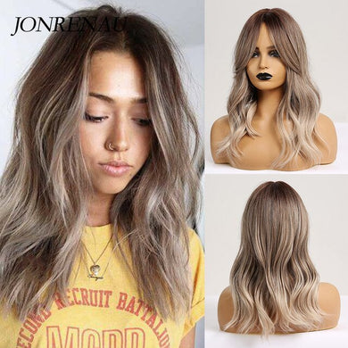 JONRENAU 16 Inches Synthetic Platinum Blonde Hair Long Natural Wave Ombre Brown Mixed Color Party Wigs for White/Black Women