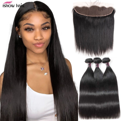 Ishow Hair Straight Bundles with Frontal Transparent Lace Frontal and Bundles Malaysian Human Hair Bundles with Frontal Closure