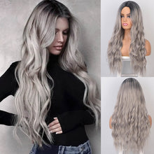 AISI BEAUTY Long Wavy Womens Wig Natural Part Side Hair Ombre Synthetic Wigs Platinum/Blonde/Black Wigs Heat Resistant for Women