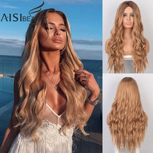 AISI BEAUTY Long Wavy Womens Wig Natural Part Side Hair Ombre Synthetic Wigs Platinum/Blonde/Black Wigs Heat Resistant for Women