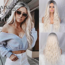 AISI BEAUTY Long Wavy Womens Wig Natural Part Side Hair Ombre Synthetic Wigs Platinum/Blonde/Black Wigs Heat Resistant for Women