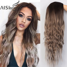 AISI BEAUTY Long Wavy Womens Wig Natural Part Side Hair Ombre Synthetic Wigs Platinum/Blonde/Black Wigs Heat Resistant for Women