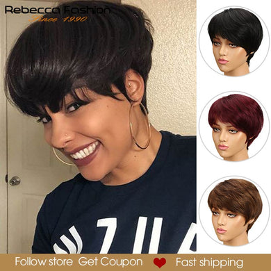 Rebecca Short Cut Straight Hair Wig Peruvian Remy Human Hair Full Wigs For Black Women Brown Red Color Cheap Hair With Bangs Wig