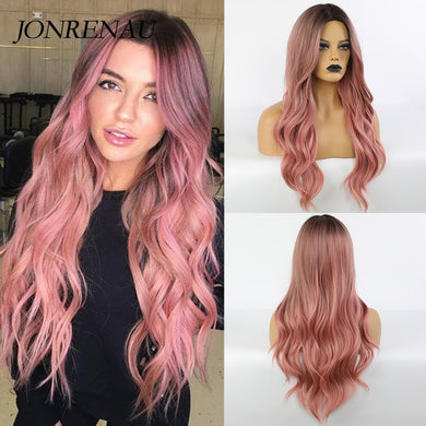 JONRENAU Synthetic Long Wavy Dark Root Ombre Pink Cosplay Wigs for Black White Women Colorful Fiber Hair Wigs High Temperature