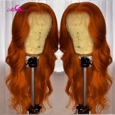 Ali Coco Transparent 13x4x1 Brazilian Body Wave Human Hair Wigs 28 30 inch 150% Orange Ginger Color Remy Lace Frontal Human Wigs