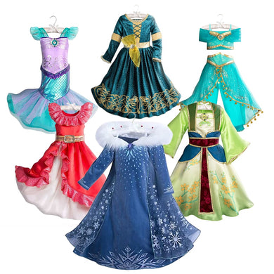 Girls Princess Cosplay Dresses Kids Elsa Anna Jasmine Ariel Mulan Elena Merida Aurora Cinderella Snow White Moana Party Costumes